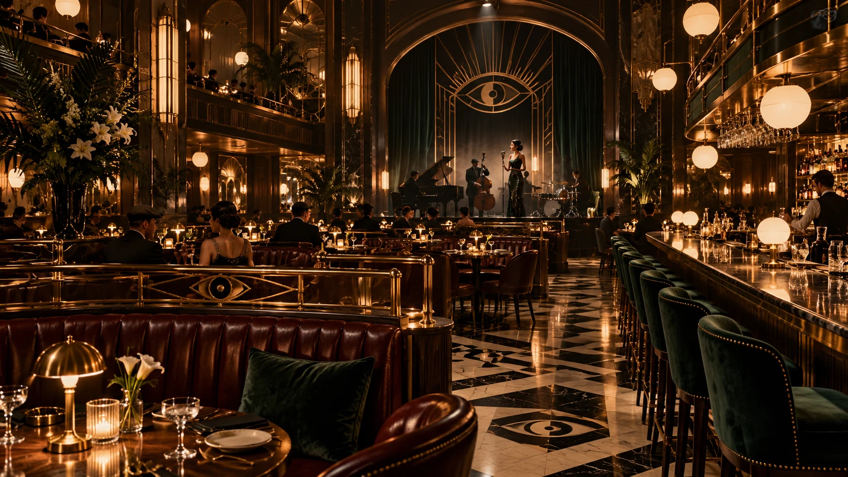 Art Deco supper club concept with a live jazz stage, brass details, and candlelit tables
